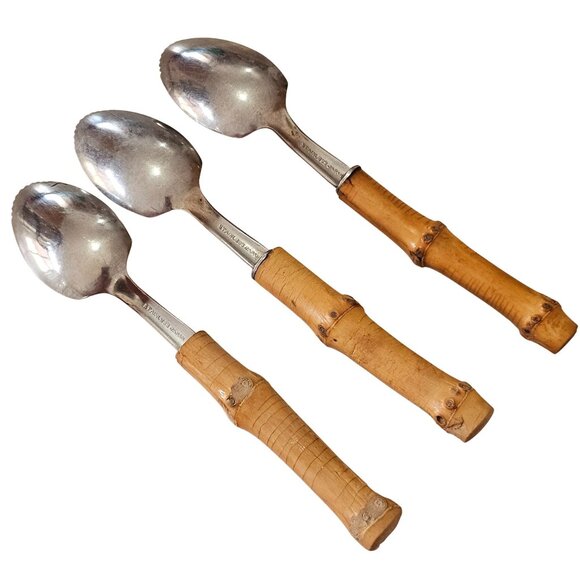 3 Bamboo Handle Grapefruit Spoon 6" vtg retro revival midcentury boho mixed mate - Picture 4 of 8
